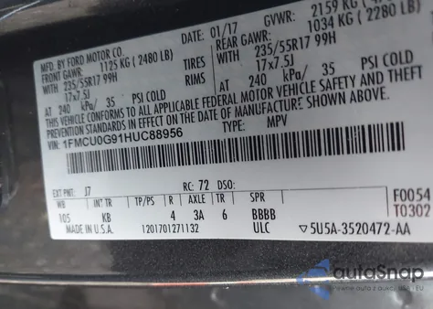 2017 Ford Escape Se из США, поврежденный, VIN 1FMCU0G91HUC88956